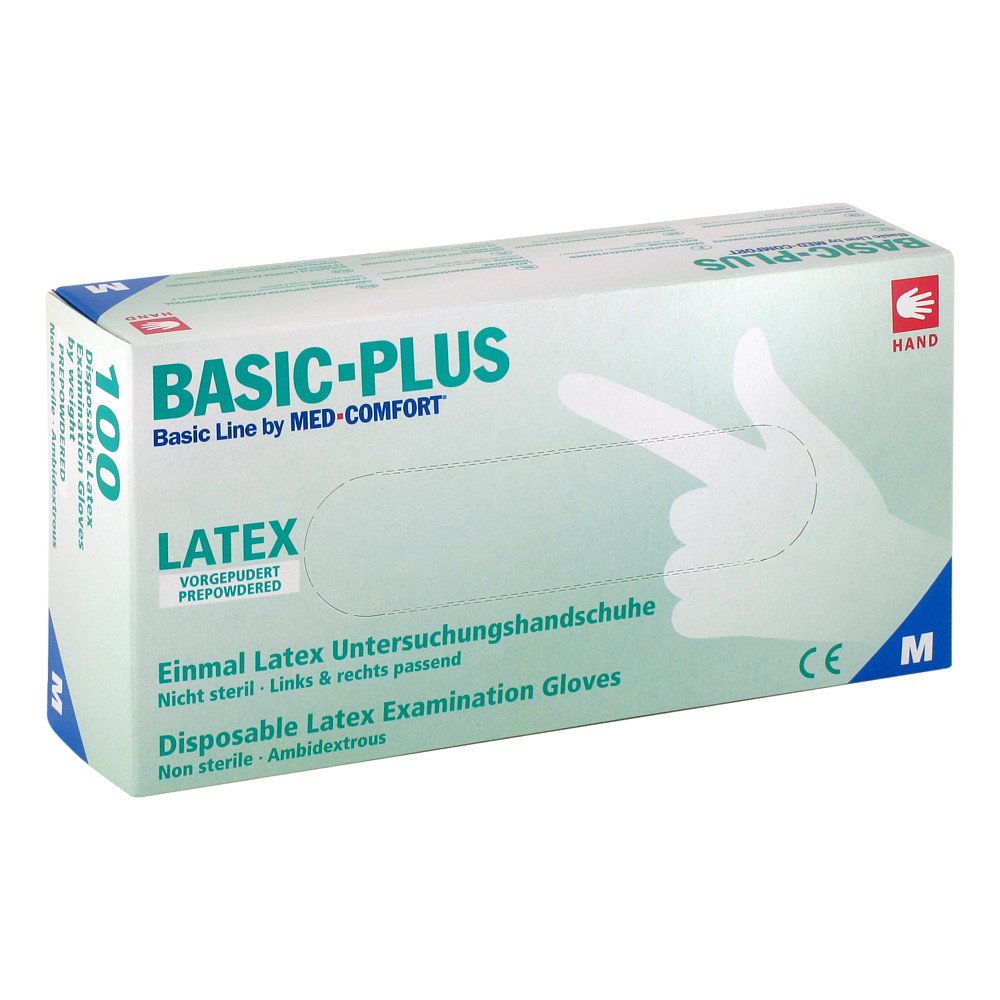 Das Produktfoto zeigt Handschuhe Latex Leicht Gepudert Mittel (100 stk) PZN 02771629