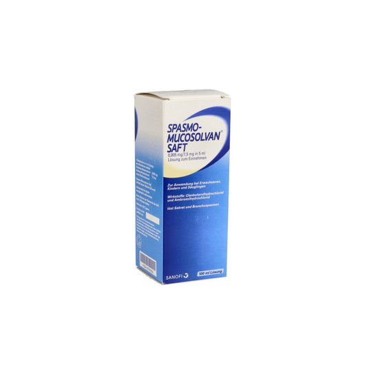 Das Produktfoto zeigt Spasmo Mucosolvan Saft (100 ml) PZN 02787659