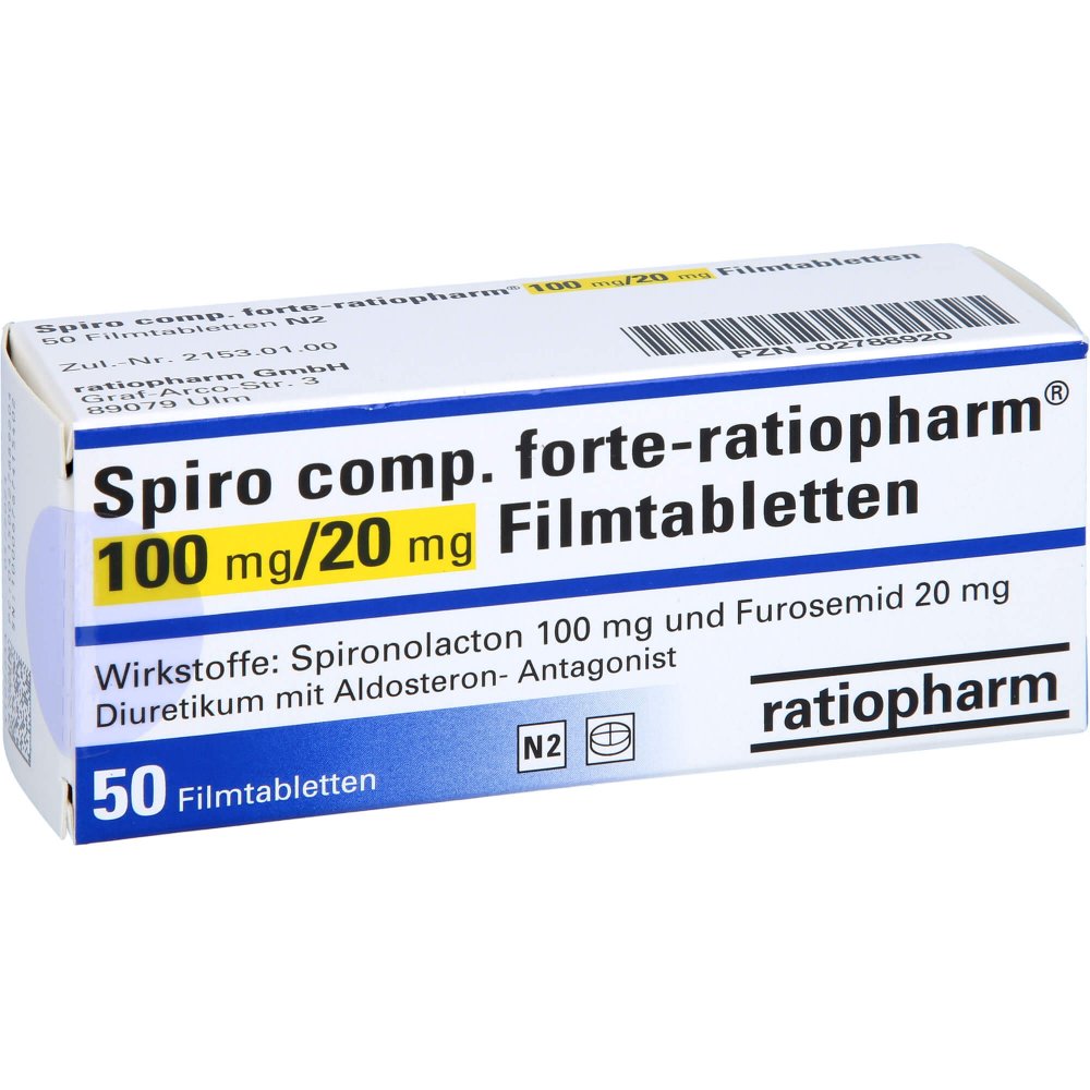 Das Produktfoto zeigt Spiro Comp. Forte-Ratiopharm 100 Mg/20 Mg Filmtab. (50 stk) PZN 02788920