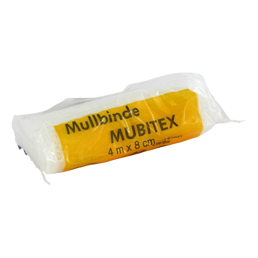 Das Produktfoto zeigt Mubitex Mullbinden 8 Cm Einzeln In Cello (1 stk) PZN 02795104