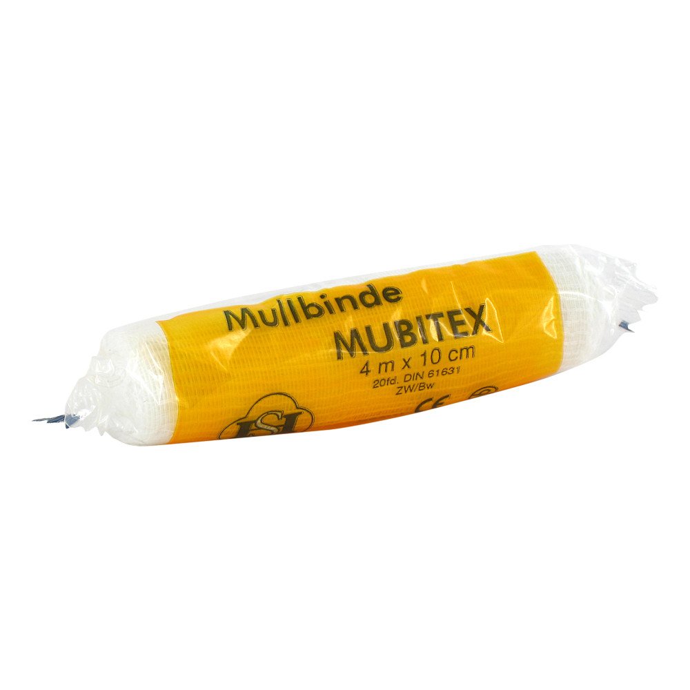 Das Produktfoto zeigt Mubitex Mullbinden 10 Cm Einzeln In Cello (1 stk) PZN 02795110