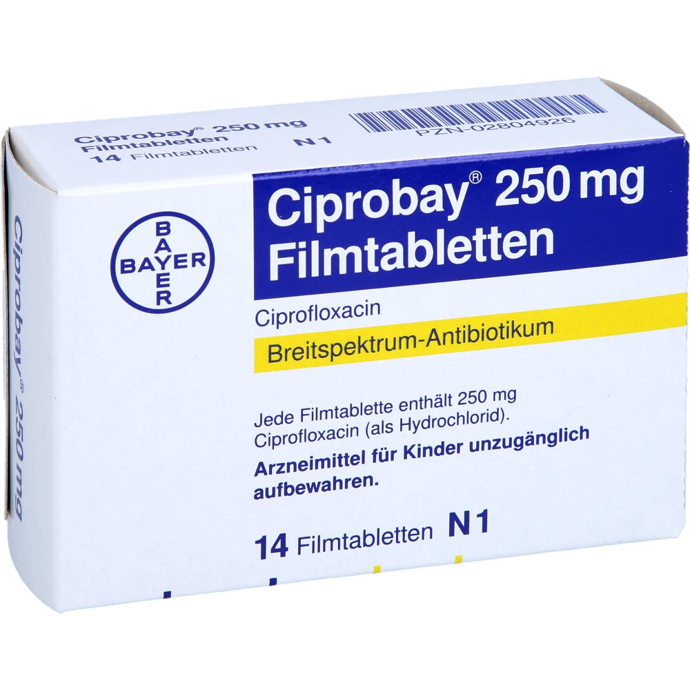 Das Produktfoto zeigt Ciprobay 250 Mg Filmtabletten (14 stk) PZN 02804926