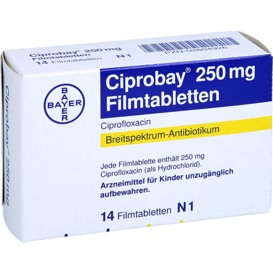 Das Produktfoto zeigt Ciprobay 250 Mg Filmtabletten (14 stk) PZN 02804926