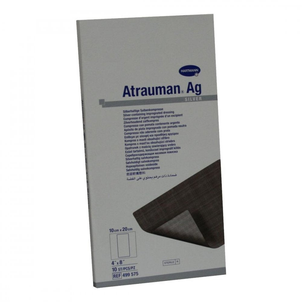 Das Produktfoto zeigt Atrauman Ag 10x20 Cm Steril Kompressen (10 stk) PZN 02813150