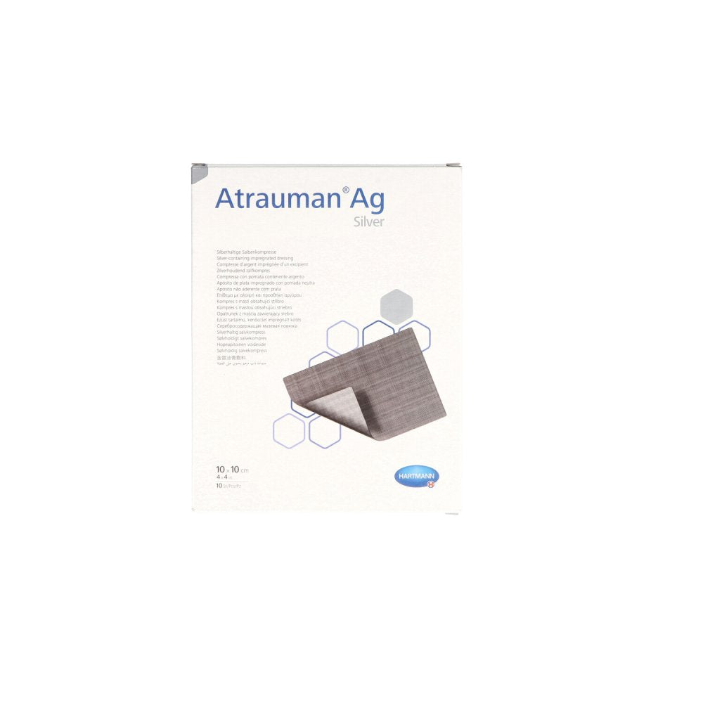 Das Produktfoto zeigt Atrauman Ag 10x10 Cm Steril Kompressen (10 stk) PZN 02813807