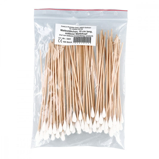 Das Produktfoto zeigt Wattestäbchen Mit Wattekopf 15 Cm Mittel (100 stk) PZN 02819595