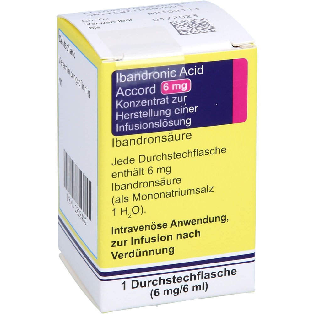 Das Produktfoto zeigt Ibandronic Acid Accord 6mg/6ml Konz.Z.Her.E.Inf.L. (1 stk) PZN 02828482