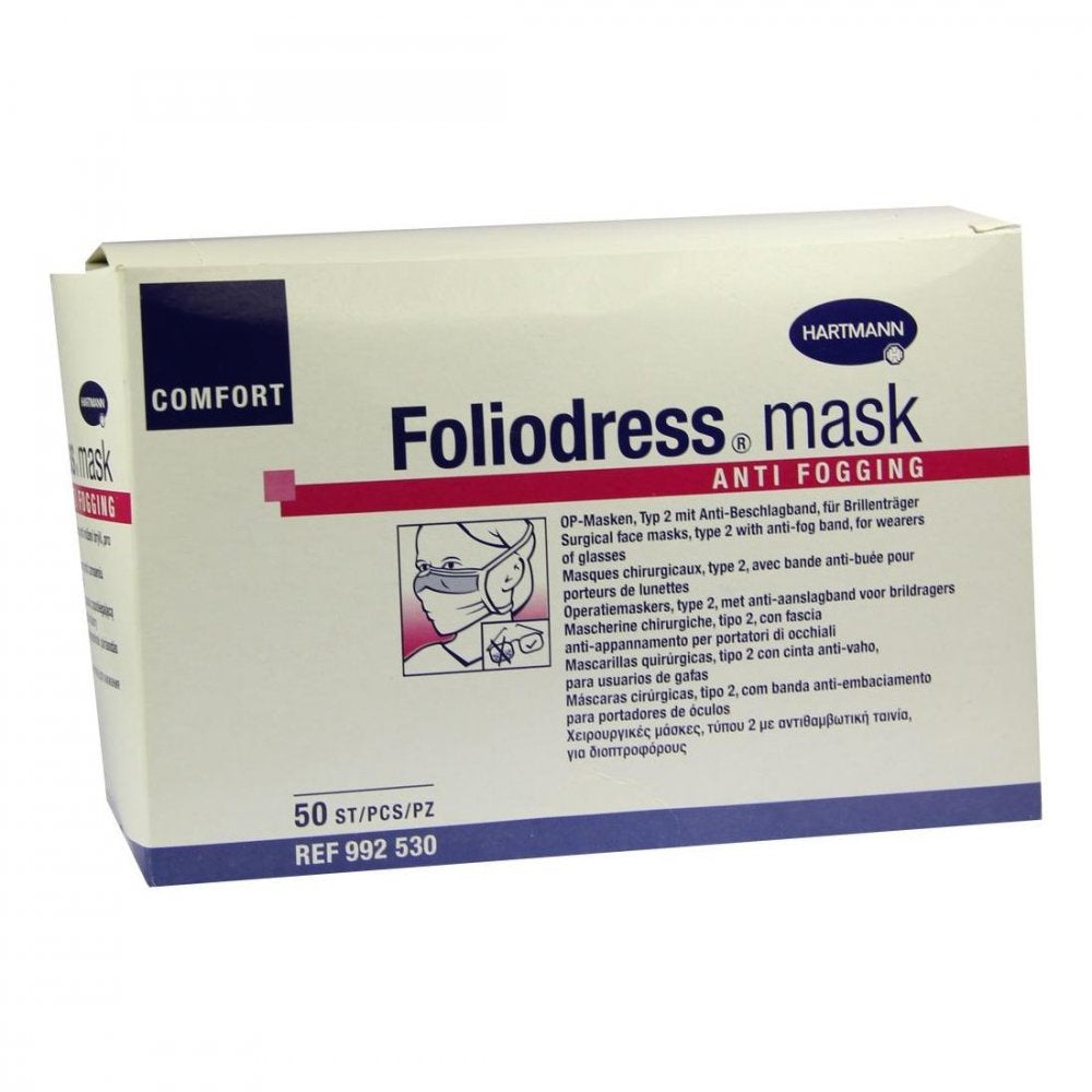 Das Produktfoto zeigt Foliodress Mask Comf.Anti Fogging Typ Ii Op-M.Grün (50 stk) PZN 02847249