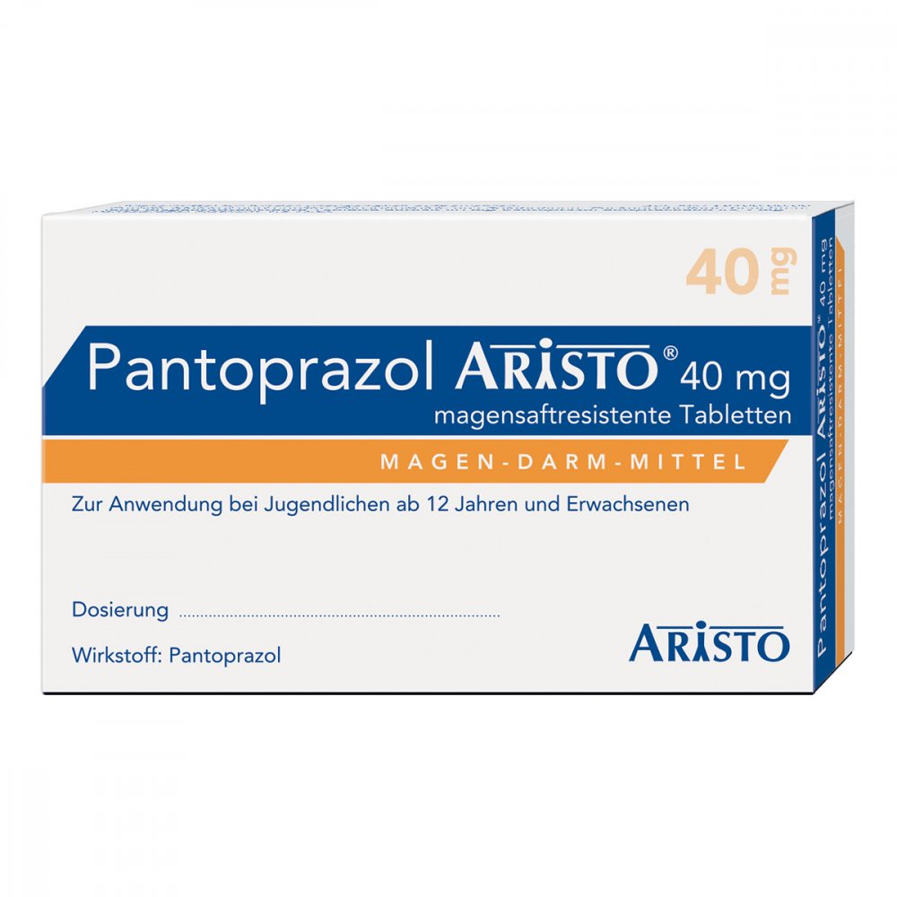 Das Produktfoto zeigt Pantoprazol Aristo 40 Mg Magensaftres.Tabletten (98 stk) PZN 02850429