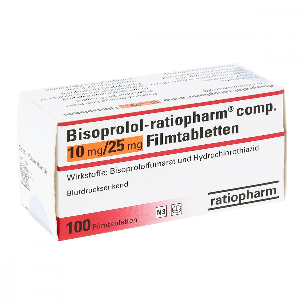 Das Produktfoto zeigt Bisoprolol-Ratiopharm Comp.10 Mg/25 Mg Filmtabl. (100 stk) PZN 02859382