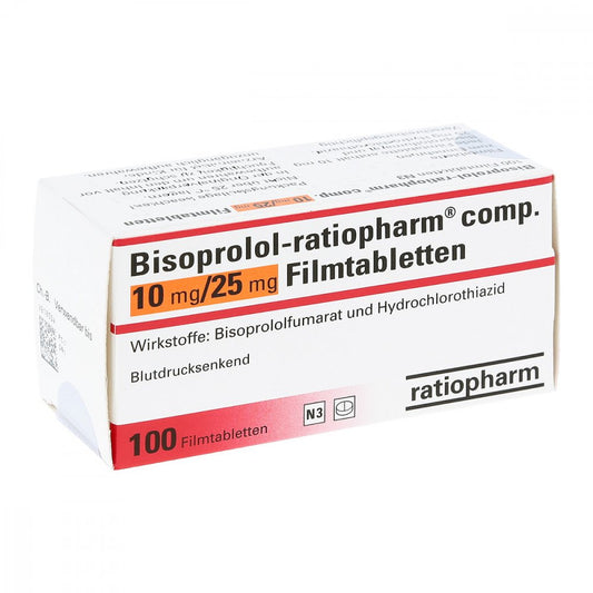 Das Produktfoto zeigt Bisoprolol-Ratiopharm Comp.10 Mg/25 Mg Filmtabl. (100 stk) PZN 02859382