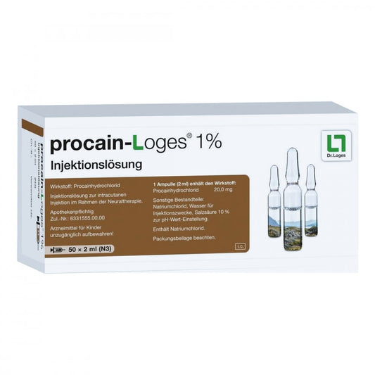Das Produktfoto zeigt Procain-Loges 1% Injektionslösung Ampullen (50X2 ml) PZN 02860528
