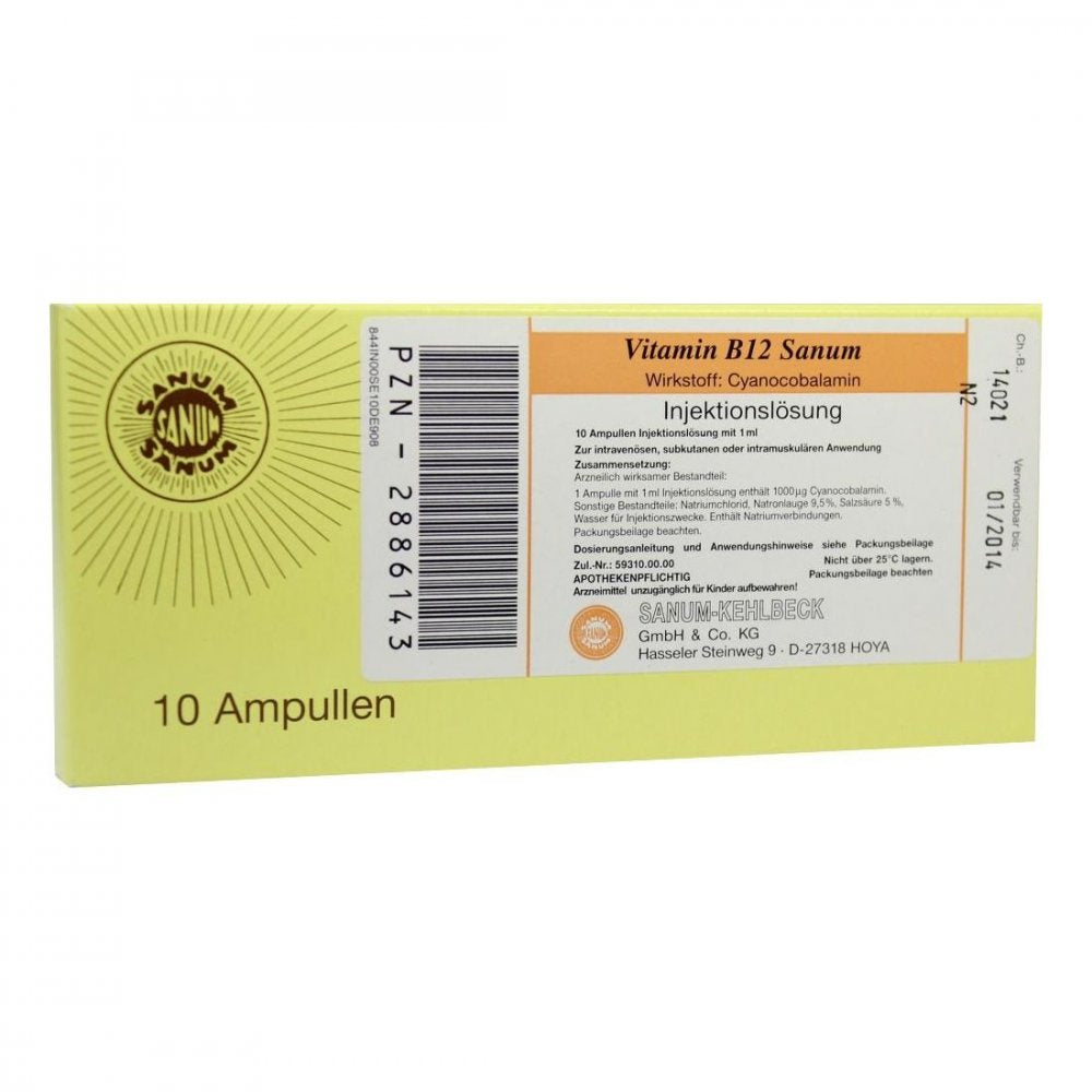 Das Produktfoto zeigt Vitamin B12 Sanum 1000 Μg/Ml Injektionslösung Amp. (10X1 ml) PZN 02886143