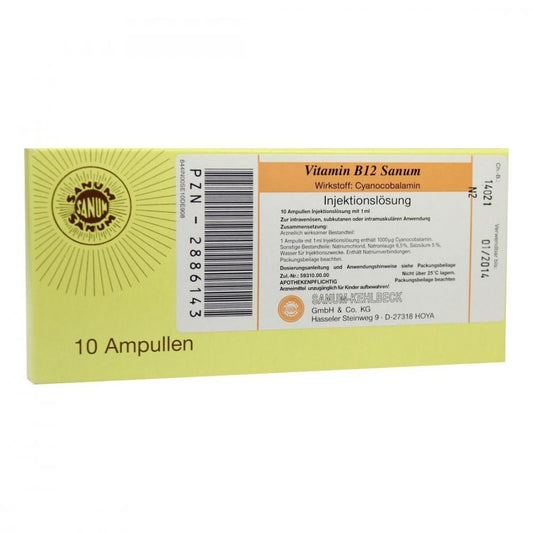 Das Produktfoto zeigt Vitamin B12 Sanum 1000 Μg/Ml Injektionslösung Amp. (10X1 ml) PZN 02886143