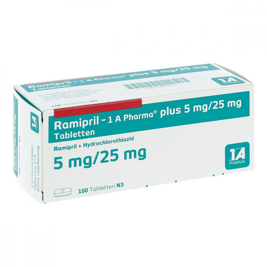 Das Produktfoto zeigt Ramipril-1a Pharma Plus 5 Mg/25 Mg Tabletten (100 stk) PZN 02889615