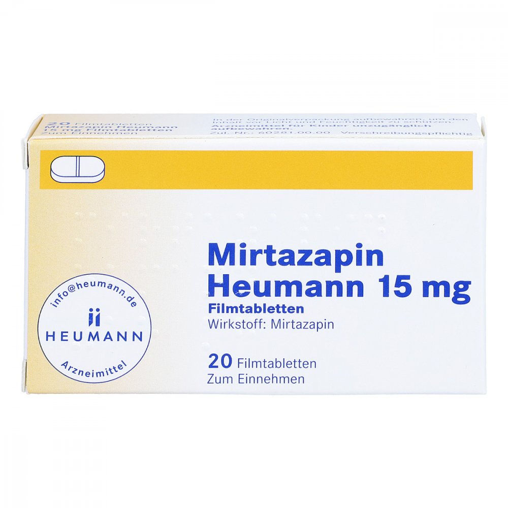 Das Produktfoto zeigt Mirtazapin Heumann 15 Mg Filmtabletten (20 stk) PZN 02892178