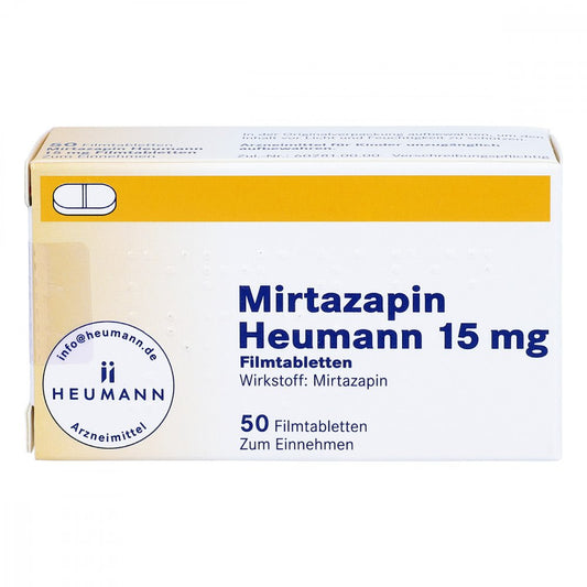 Das Produktfoto zeigt Mirtazapin Heumann 15 Mg Filmtabletten (50 stk) PZN 02892238