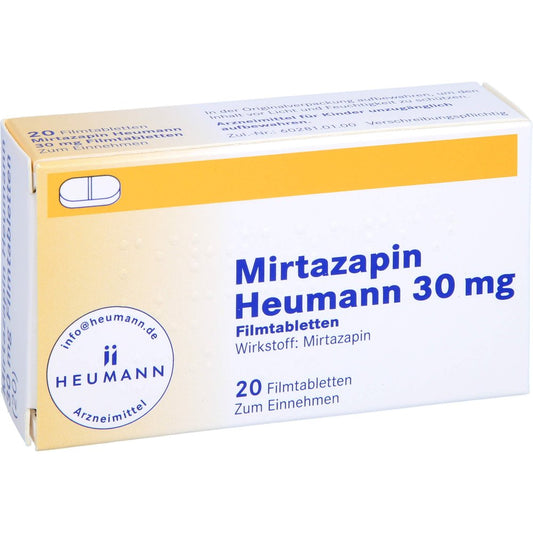 Das Produktfoto zeigt Mirtazapin Heumann 30 Mg Filmtabletten (20 stk) PZN 02892327