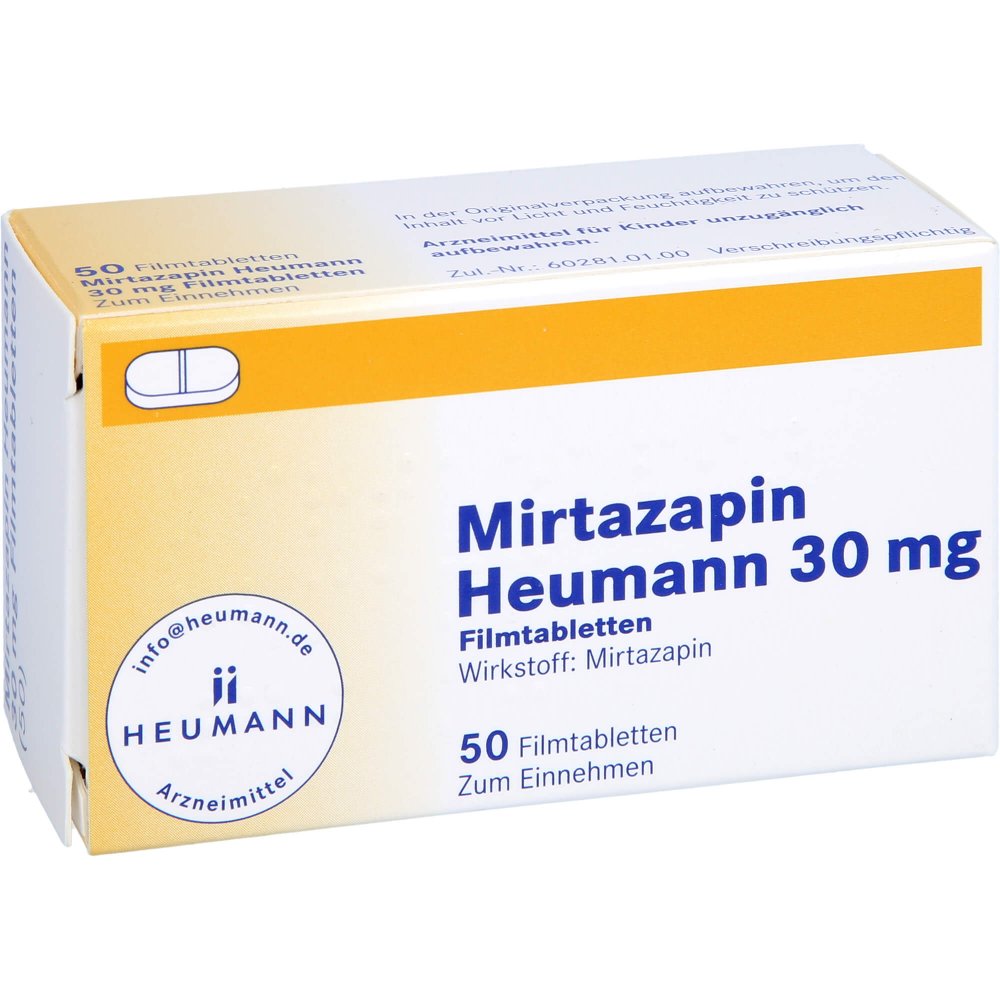 Das Produktfoto zeigt Mirtazapin Heumann 30 Mg Filmtabletten (50 stk) PZN 02892333