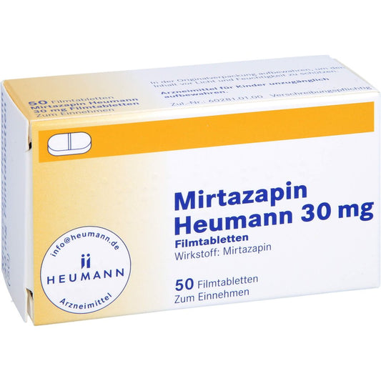 Das Produktfoto zeigt Mirtazapin Heumann 30 Mg Filmtabletten (50 stk) PZN 02892333