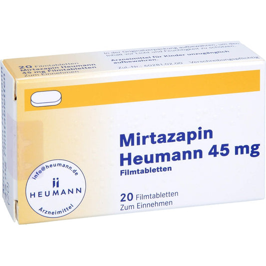 Das Produktfoto zeigt Mirtazapin Heumann 45 Mg Filmtabletten (20 stk) PZN 02892528