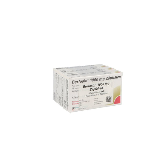 Das Produktfoto zeigt Berlosin 1000 Mg Suppositorien (30 stk) PZN 02898407