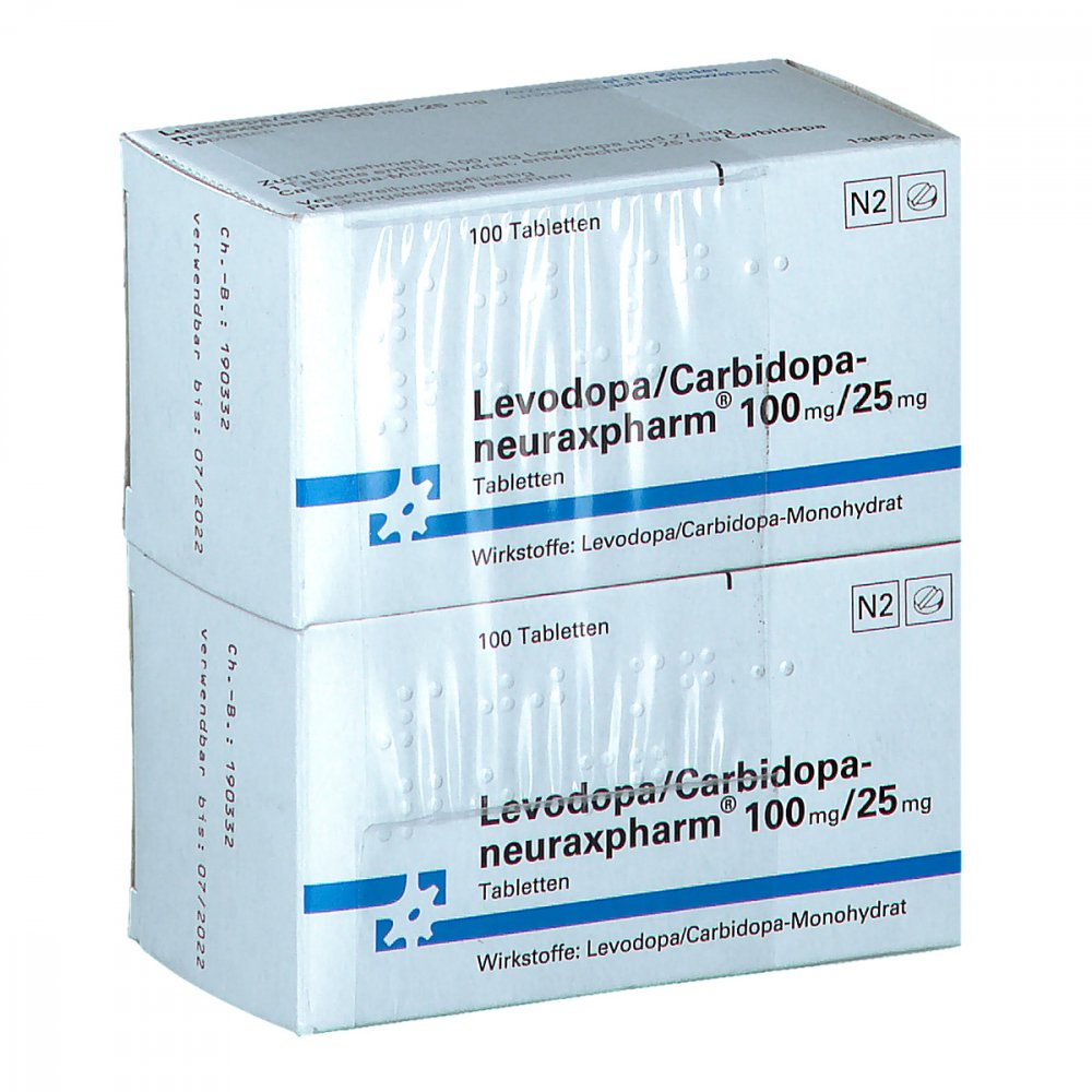 Das Produktfoto zeigt Levodopa/Carbidopa-Neuraxpharm 100/25 Mg Tabletten (200 stk) PZN 02918239