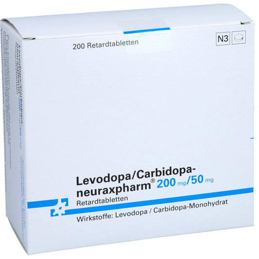 Das Produktfoto zeigt Levodopa/Carbidopa-Neuraxpharm 200/50 Mg Ret.-Tab. (200 stk) PZN 02918268