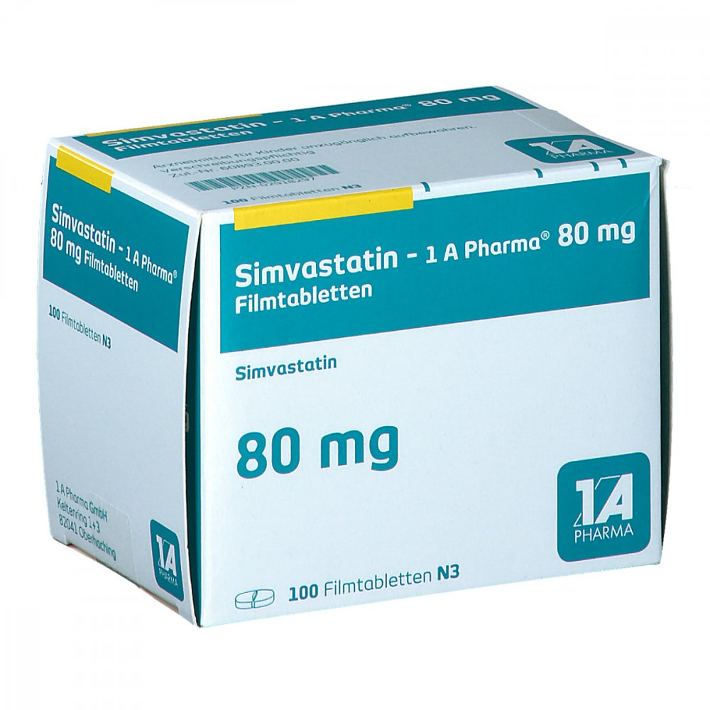Das Produktfoto zeigt Simvastatin-1a Pharma 80 Mg Filmtabletten (100 stk) PZN 02918297