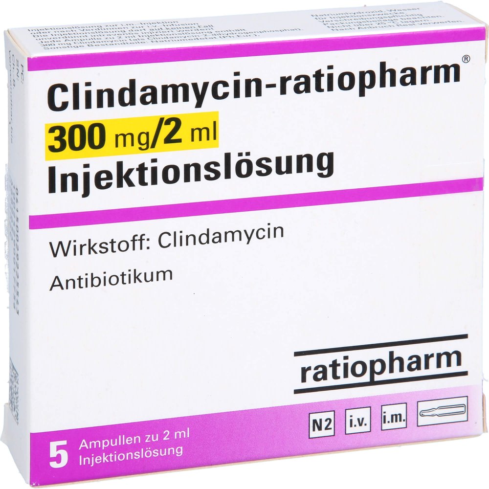 Das Produktfoto zeigt Clindamycin-Ratiopharm 300 Mg/2 Ml Inj.-Lsg.Amp. (5 stk) PZN 02922554