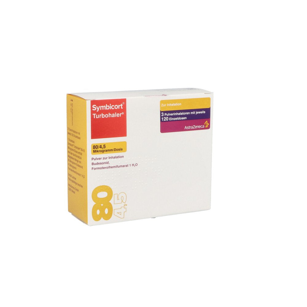 Das Produktfoto zeigt Symbicort Turbohaler 80/4,5 Μg/Dosis 120 Ed (3 stk) PZN 02923542