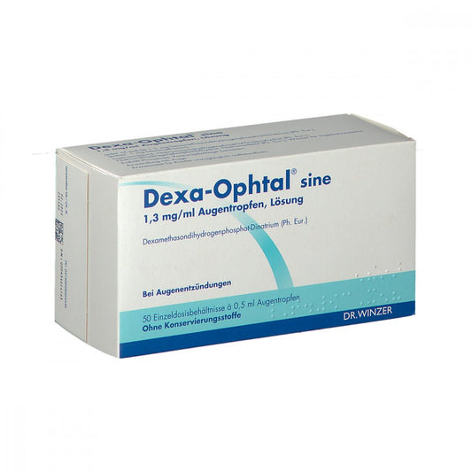 Das Produktfoto zeigt Dexa-Ophtal Sine Augentropfen I.Einzeldosisb. (50X0.5 ml) PZN 02935433