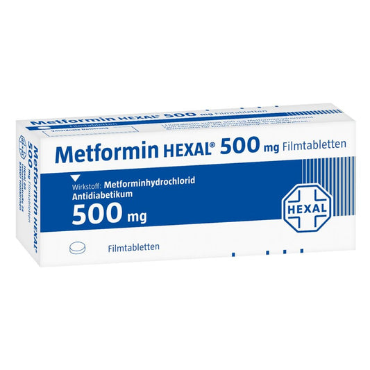 Das Produktfoto zeigt Metformin Hexal 500 Mg Filmtabletten (180 stk) PZN 02937538