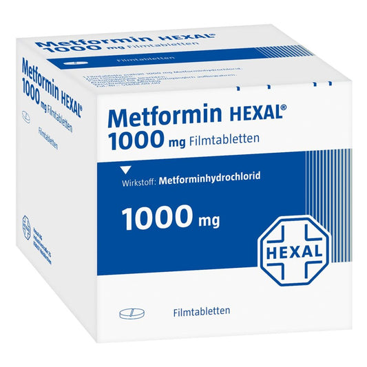 Das Produktfoto zeigt Metformin Hexal 1000 Mg Filmtabletten (180 stk) PZN 02937550