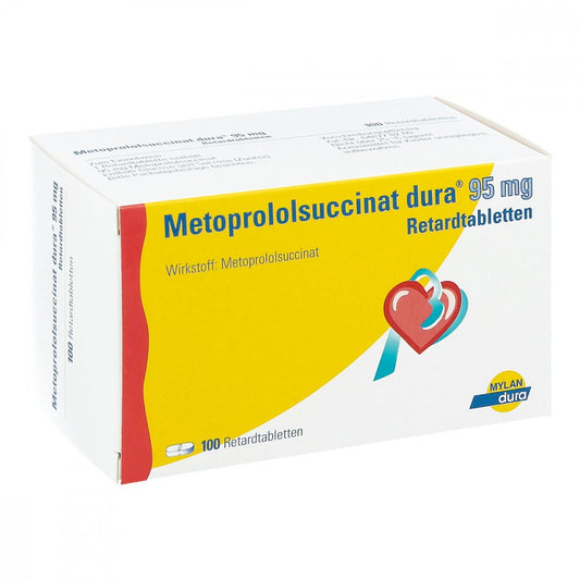 Das Produktfoto zeigt Metoprololsuccinat Dura 95mg Retardtabletten (100 stk) PZN 02953075