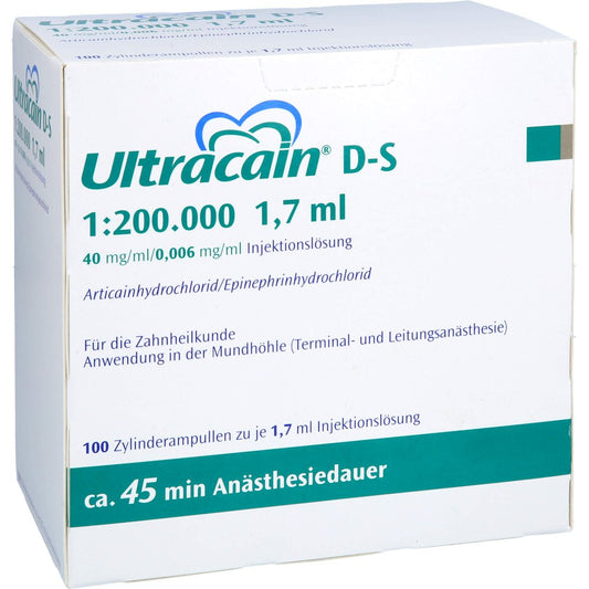 Das Produktfoto zeigt Ultracain D-S 1:200.000 F.D.Zahnheilk.Zylinderamp. (100X1.7 ml) PZN 03016651