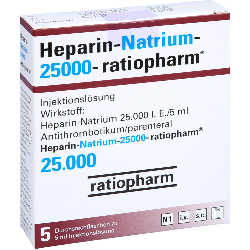 Das Produktfoto zeigt Heparin-Natrium-25.000-Ratiopharm Inj.-L.Dsfl. (5X5.0 ml) PZN 03029843