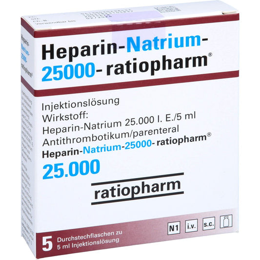 Das Produktfoto zeigt Heparin-Natrium-25.000-Ratiopharm Inj.-L.Dsfl. (5X5.0 ml) PZN 03029843