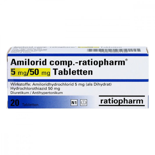 Das Produktfoto zeigt Amilorid Comp.-Ratiopharm 5 Mg/50 Mg Tabletten (20 stk) PZN 03041152