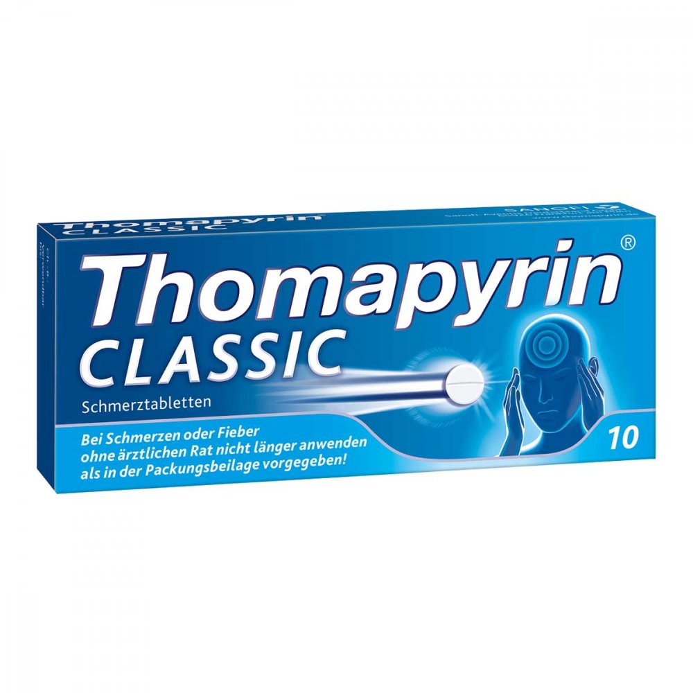 Das Produktfoto zeigt Thomapyrin Classic Schmerztabletten (10 stk) PZN 03046698