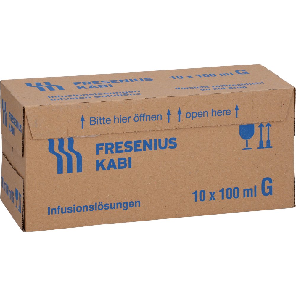 Das Produktfoto zeigt Metronidazol Fresenius 500mg/100ml Glas Inf.-Lsg. (10X100 ml) PZN 03058431