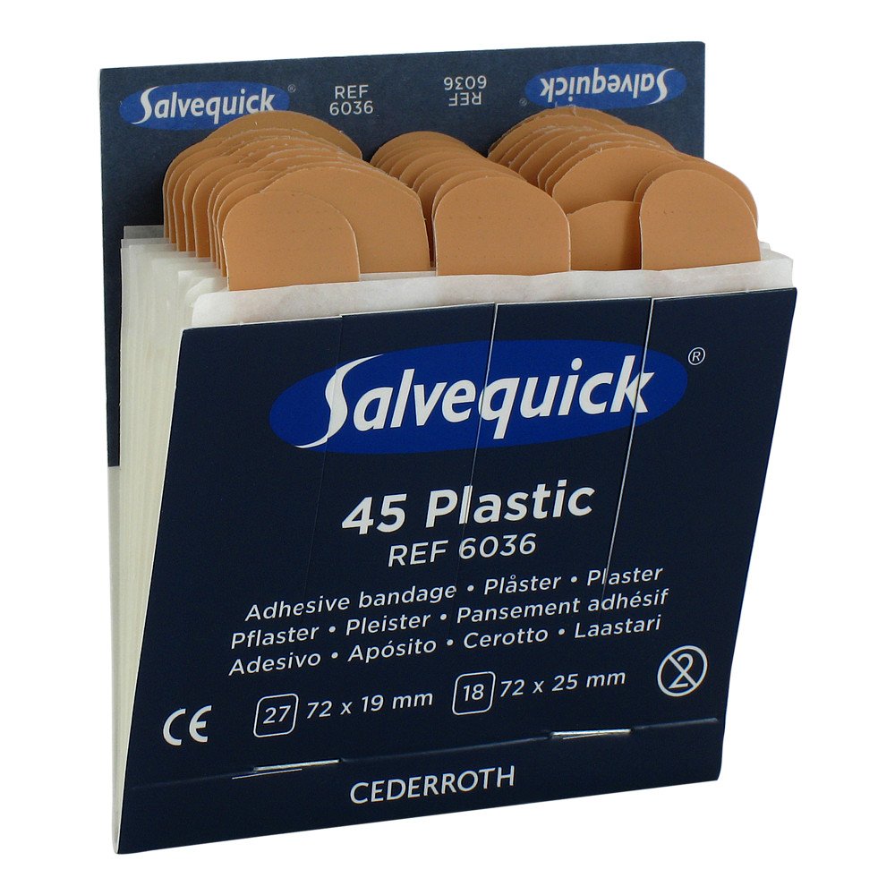 Das Produktfoto zeigt Salvequick Pflasterstrips Wasserfest Refill 6036 (45 stk) PZN 03071383