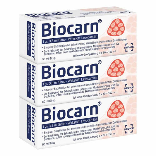 Das Produktfoto zeigt Biocarn Sirup (3X50 ml) PZN 03074826