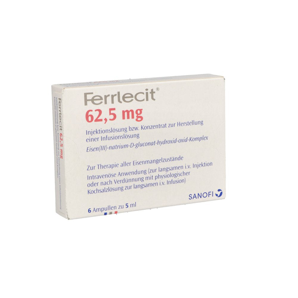 Das Produktfoto zeigt Ferrlecit 62,5 Mg Inj.Lsg.Bzw.Konz.Her.Inf.Lsg.Amp (6X5 ml) PZN 03075375