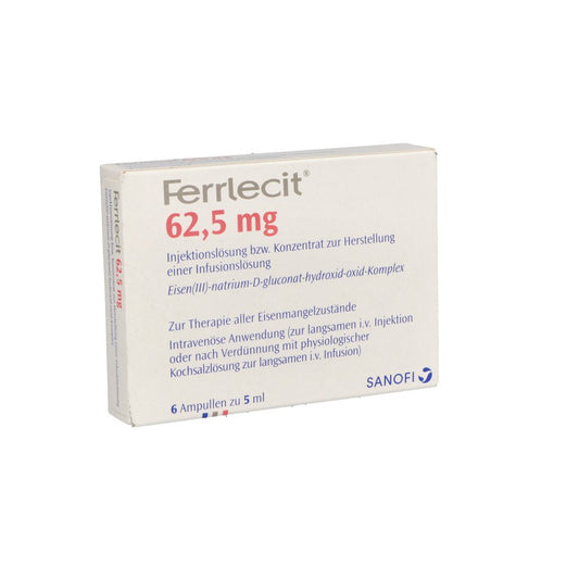 Das Produktfoto zeigt Ferrlecit 62,5 Mg Inj.Lsg.Bzw.Konz.Her.Inf.Lsg.Amp (6X5 ml) PZN 03075375