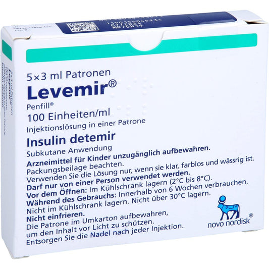 Das Produktfoto zeigt Levemir Penfill 100 Einheiten/Ml Inj.-L.Zyl.-Amp. (5X3 ml) PZN 03075501