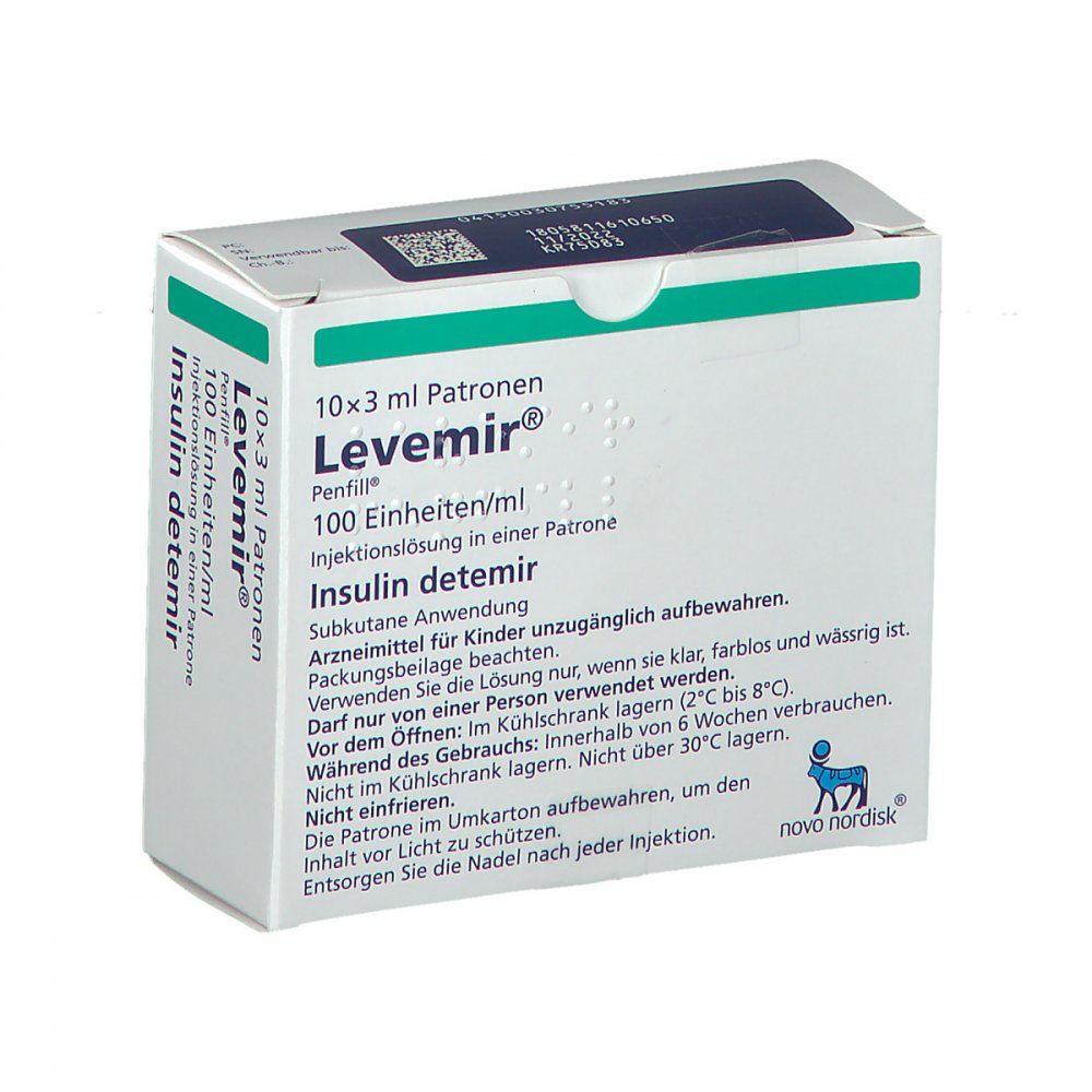 Das Produktfoto zeigt Levemir Penfill 100 Einheiten/Ml Inj.-L.Zyl.-Amp. (10X3 ml) PZN 03075518