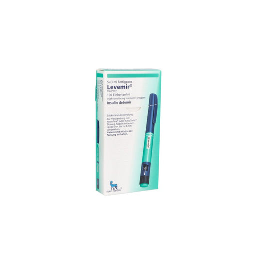 Das Produktfoto zeigt Levemir Flexpen 100 Einheiten/Ml Inj.-L.Fertigpen (5X3 ml) PZN 03075530