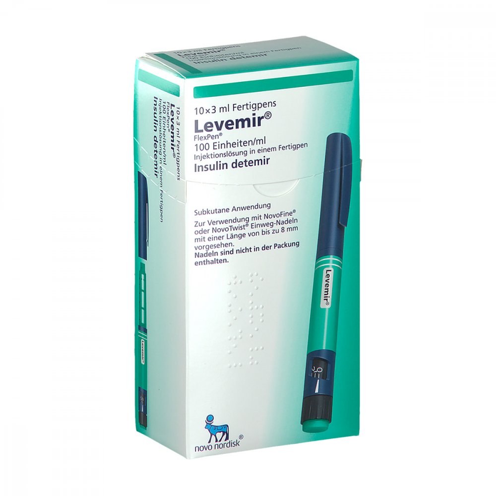 Das Produktfoto zeigt Levemir Flexpen 100 Einheiten/Ml Inj.-L.Fertigpen (10X3 ml) PZN 03075599