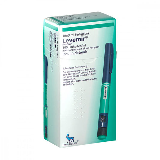 Das Produktfoto zeigt Levemir Flexpen 100 Einheiten/Ml Inj.-L.Fertigpen (10X3 ml) PZN 03075599